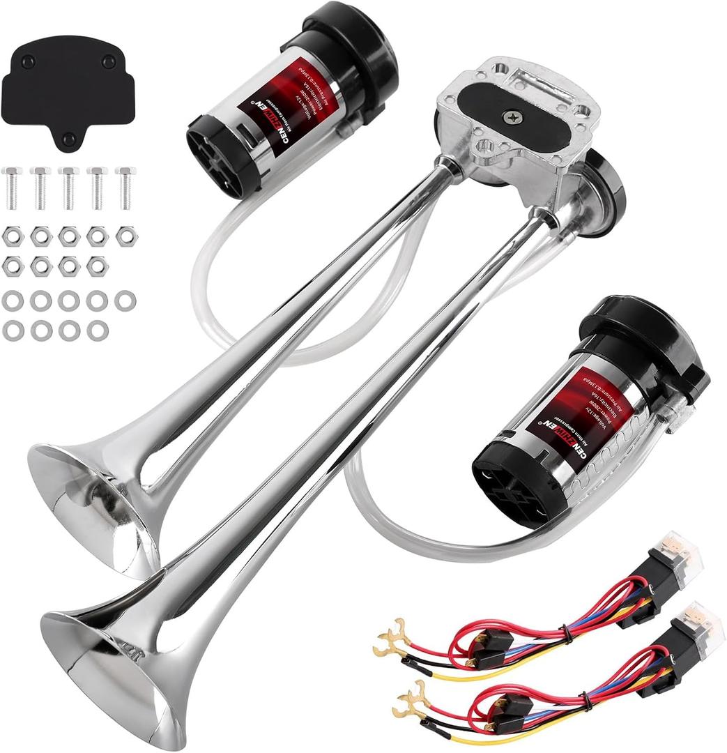 Dual 2-Trumpet Metal Air Horn for truck Kit with 2 air Compressors,12V 150dB Ultra Loud impact train car horn is suitable for pickup/SUV/moto and other vehicles (silvery)