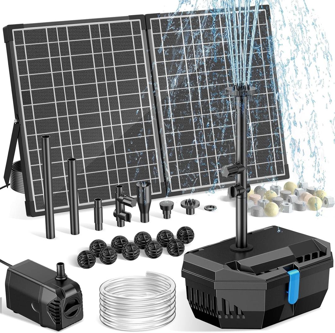 NFESOLAR 30W Solar Pond Filter Kit with Fountain Pump, 210 GPH Solar Pond Pump & Outdoor Filter Box, Submersible Water Pump with 16.4FT Cable & 6.6FT Tubing for Koi Pond, Fish Tank, Garden Fountain