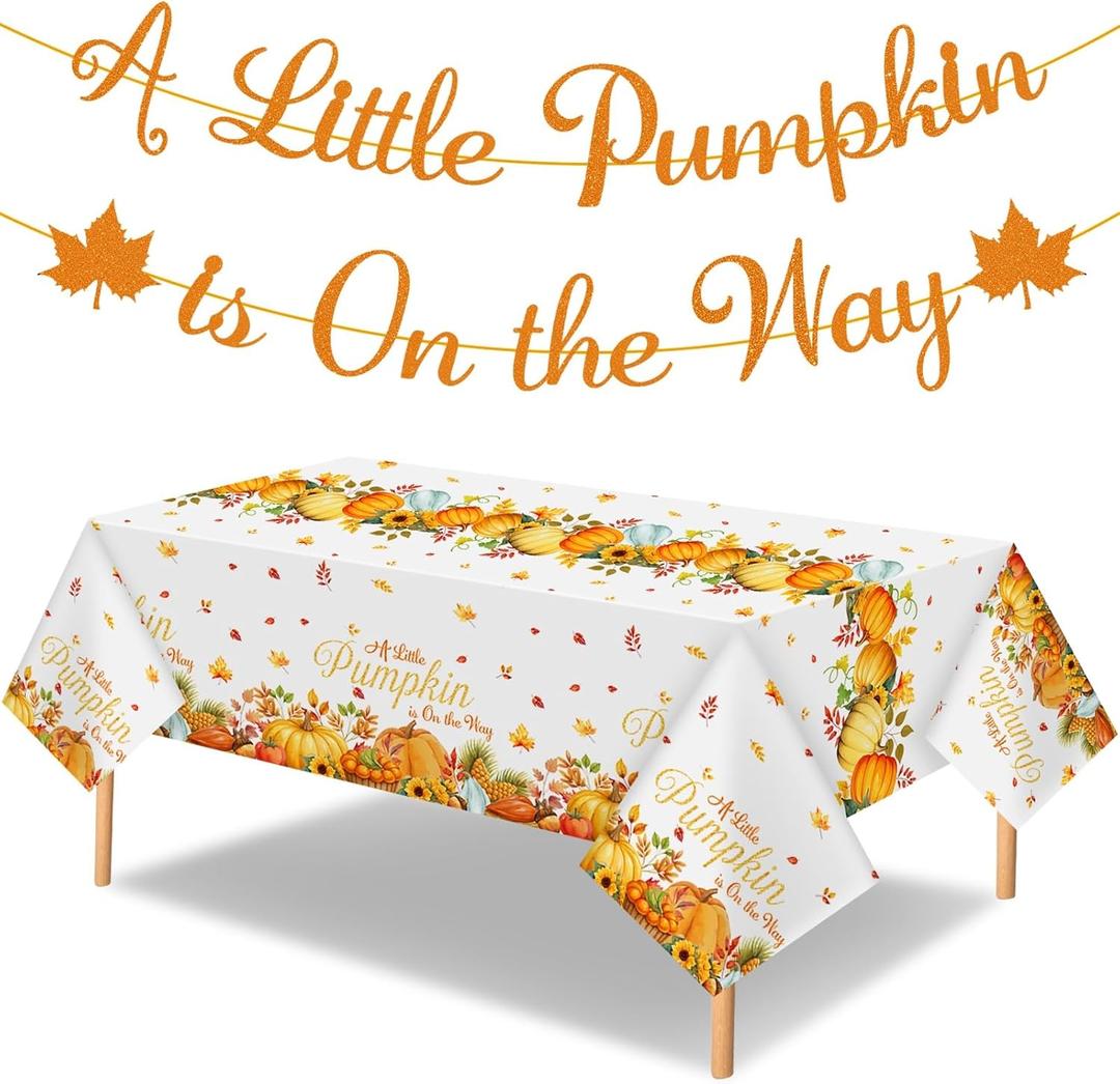 3 Pcs Little Pumpkin Thanksgiving Tablecloths a Little Pumpkin is On The Way Banner Fall Baby Shower Party Supplies 54 x 108 Inch Plastic Table Cover for Gender Reveal Autumn