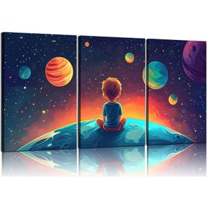 3Pcs Space Boy Canvas Wall Art Cute Inspirational Space Fantasy Wall decor, 16inx24in canvas