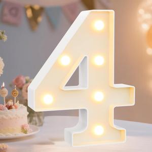 Pooqla Decorative LED Light Up Number Letters, White Plastic Marquee Lights Sign Party Wedding Decor, Battery Operated (4) (8.86 in)