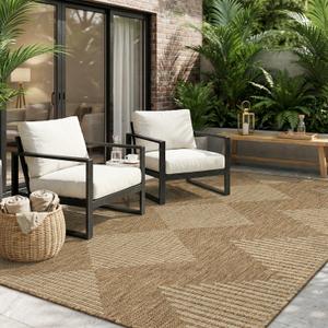 MontVoo-Outdoor Rug-Patio Rug 9x12 Polypropylene Indoor Outdoor Rug Outdoor Carpet for Patio Deck Balcony Porch, Textured Weave, Durable for High Traffic, Fade-Resistant, Boho Geometric Neutral Brown
