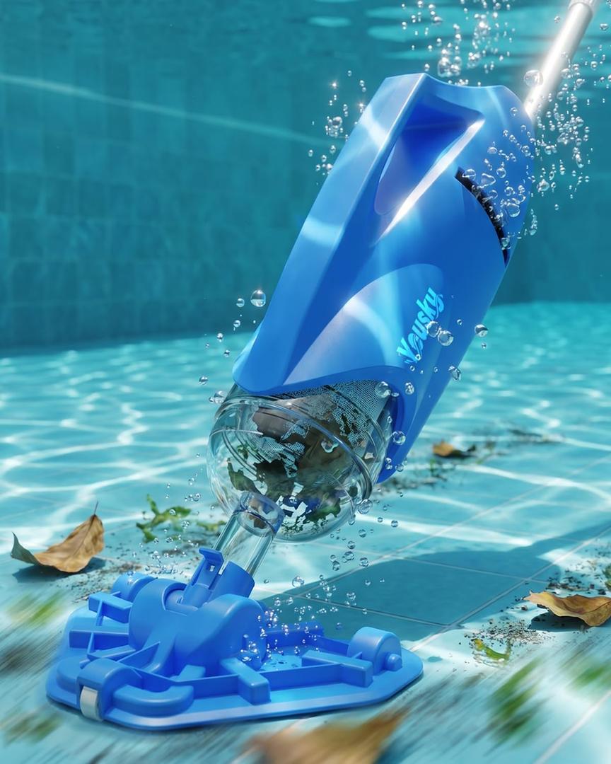 Cordless Pool Vacuum for Above Ground & Inground Pools, 18.5GPM Suction with 2 Brush Heads for Leaves, Debris, with Telescopic Pole Back-Friendly Cleaning, Hot Tub Spa Handheld Cleaner (Blue)
