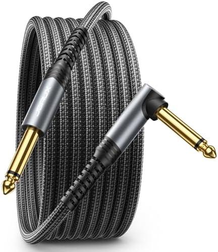 JSAUX Guitar Cable 10 ft, Amp Cord for Electric Guitar/Mandolin/Bass, Pro Audio Instrument Cable with 1/4" Tips(TS Port) Right Angle to Straight-Gray, Set of 2