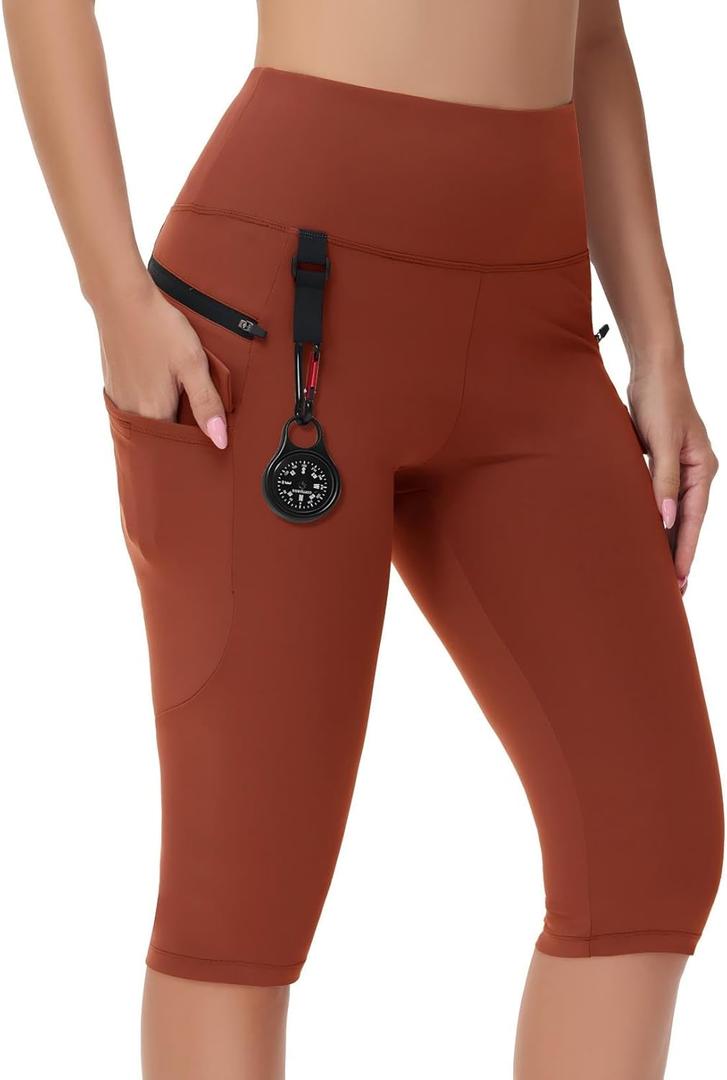 Women's Hiking Long Shorts Knee Length Capri Leggings with Zip Pockets High Waisted Biker Short Athletic Outdoor Travel (Red, L)