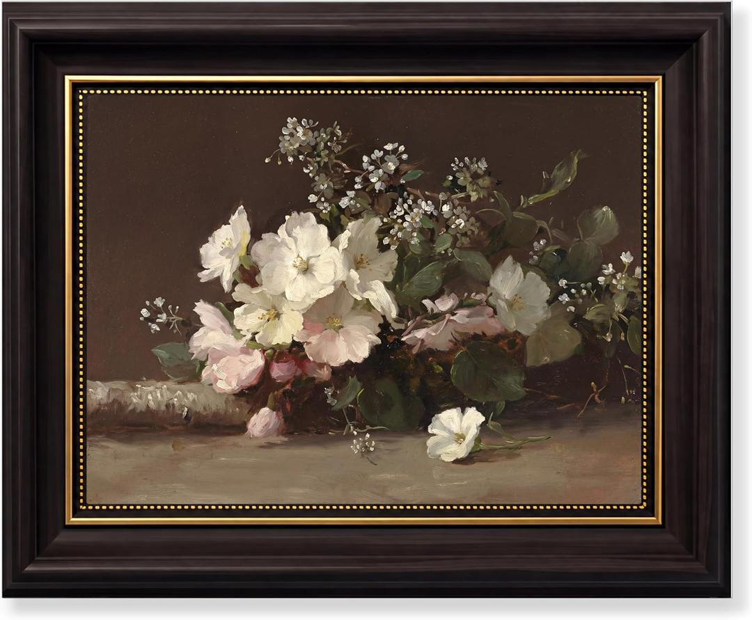 Vintage White Roses Wall Art, Moody Romantic Floral Still Life Wall Decor, 24"L x 16"W