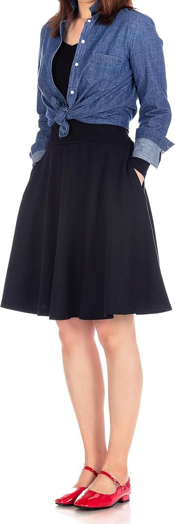 Dani's Choice High-Waisted Cotton Blend Skirt with Pockets - Knee Length A-line Flare for Business and Casual Wear, Small