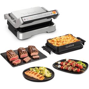 T-fal, Electric Grill, OptiGrill 4in1, Stainless Steel, 9 Automatic Cooking Modes, Intelligent Grilling Rare to Well-Done, 1800 Watts, Nonstick Removable Plates, Dishwasher Safe, Indoor, Silver