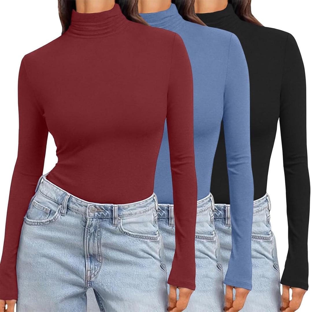 Ekouaer Women's 3 Pack Turtleneck Long Sleeve Shirts Slim Fit Thermal Underwear Tops Lightweight Pullover Tees (M)