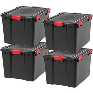 IRIS USA 4-Pack 74 Qt Storage Bins with Gasket Lids, Black/Red | WeatherPro seal helps protect bulky items for moving, garage, attic and basement storage