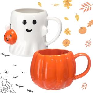 LemonRoad 2 Pcs 14 oz Pumpkin Cute Mugs Happy Ghost Pumpkin Pattern Mugs Novelty Ceramic 3D Coffee Cups Gifts for Hot Chocolate Cocoa Milk Tea Coffee Lover