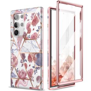 SURITCH for Samsung Galaxy S22 Ultra Case, Built-in Screen Protector for Samsung S22 Ultra 5G Case Full Body Protection Shockproof Rugged Bumper Silicone Phone Protective Cover 6.8 Inch - Rose Marble