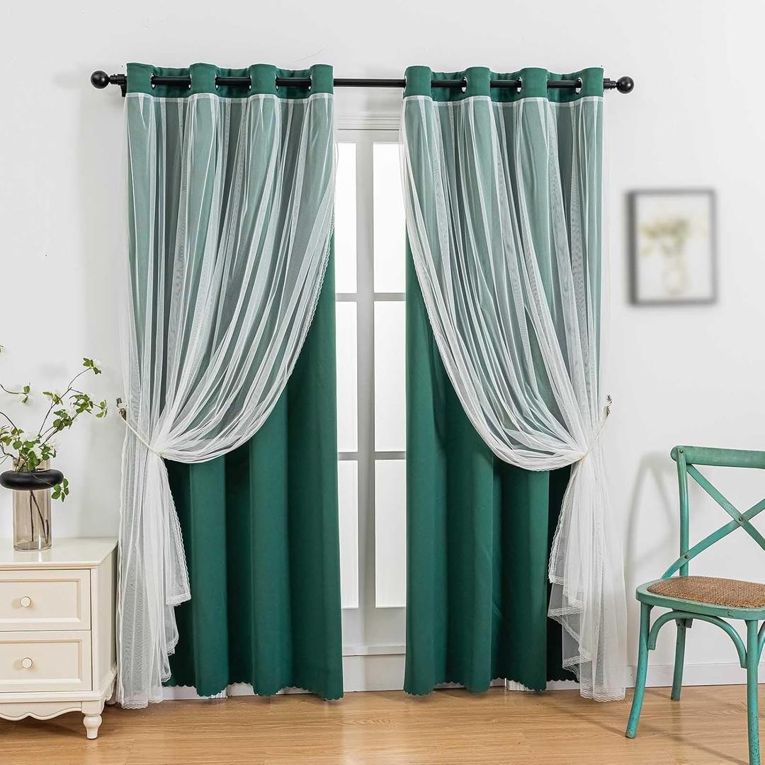 indistar Home Blackout Curtains Double Layer Solid Sheer Grommet Top Window Curtain Panel Pair, 52Wx63L,Dark Green