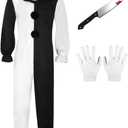 Adult Clown Costume Jumpsuit Costume Horror Movie Halloween The Killer Clown Outfits (X-Large, Black, White)
