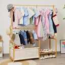 Kids Clothing Rack with Storage, Baby Clothes Rack Organizer Made of Natural Bamboo, Adjustable Hanging Rods for Dresses, Jackets, T-Shirts, Child Safe kids closet for Bedroom or Playroom