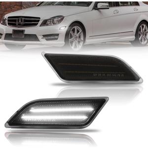 Front Fender LED Side Marker Lights for 2012-2014 Mer-cedes Ben-z W204 LCI C250 C300 C350 C-Class, Smoked Lens Side Bumper Marker Lamps, White LED Side Markers Turn Signal Lights, 2 PCS