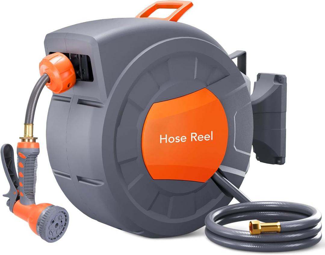 GAOMON Retractable Garden Hose Reel - 1/2 in x 100 ft, Wall Mounted, 9-Function Sprayer, Any Length Lock, 180 Swivel, Automatic Rewind & Slow Return System