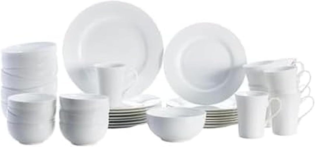 Mikasa Delray 40-Piece Bone China Dinnerware Set, White Round Dishes for 8 - Dinner Plates, Salad Plates, Cereal Bowls, Fruit Bowls and Mugs