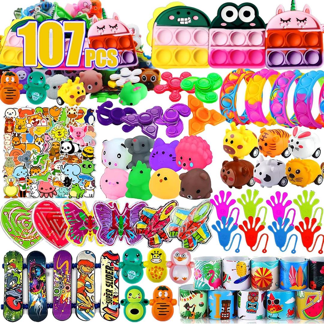 Dilycery 107 PCS Party Favors Toys, Treasure Box Toys for Classroom, Pop Fidget Toys Treasure Chest for Kids Prizes Classroom, Bulk Pinata Stuffers Goodie Bag Fillers for Kids 4-8