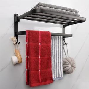 Towel Rack for Bathroom, Foldable Towel Holder with Double Towel Bars, Wall Mounted SUS304 Stainless Steel Bathroom Tower Shelf, Space-Saving Towel Hanger for Bathroom, Lavatory (Black,16 in)