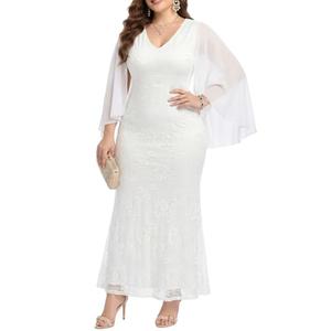 Plus Size Wedding Dresses White Cape Ruffle Sleeves​Chiffon V Neck Formal Evening Lace Long Mermaid Dresses 2025 22W