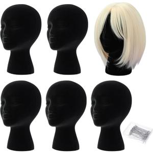 Gisafai 6 Pcs Foam Wig Head with 50 Pcs T Pins Female Foam Mannequin Wig Stand and Holder 11 Tall Cosmetics Model Head Display Hair, Hats Hairpieces Display for Home Travel Salon(Black)