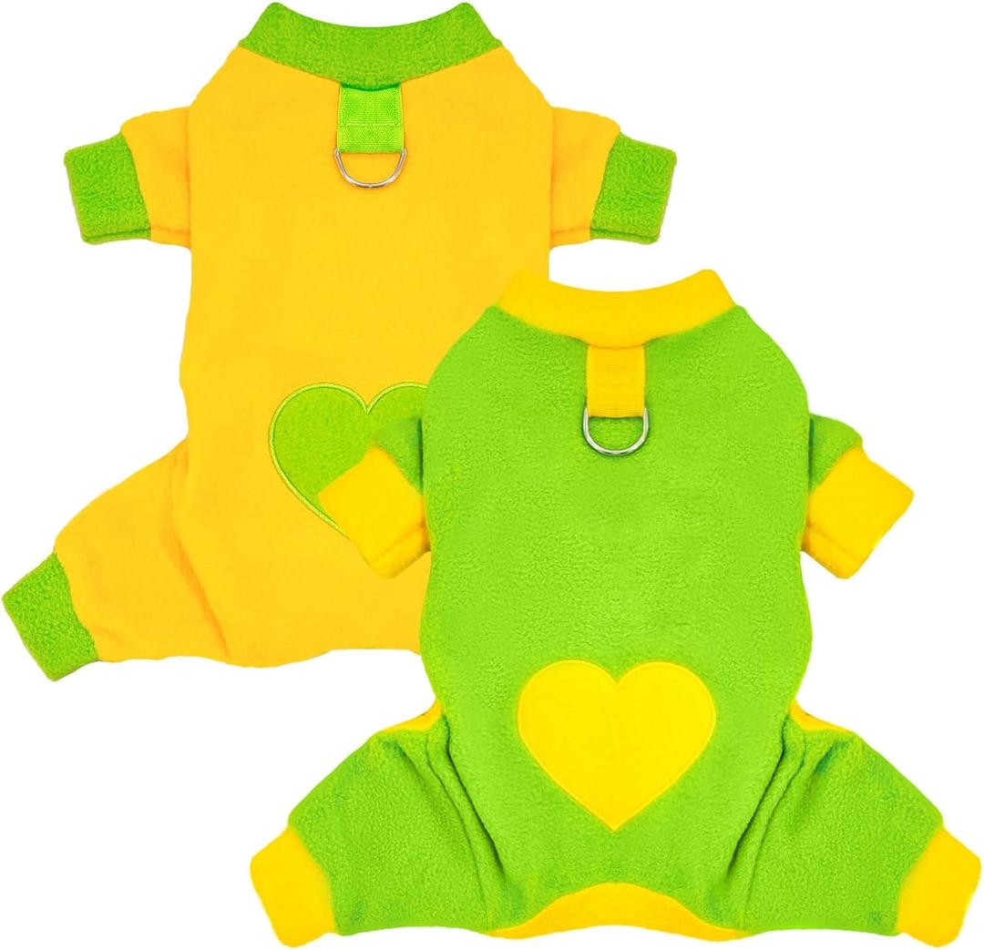 2 Pack Dog Pajamas Small Sized Dog Fleece Pajamas Cute Dogs Fleece Sweater Doggy Sweater Love Pattern Onesies for Pjs Small Clothes (Medium(suggest length of back 11''), green)