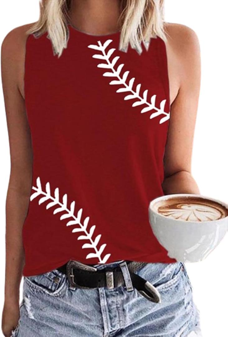 Baseball O-Neck Tank Women Print Baseball Tanks Cute Workout Graphic Casual Summer Sleeveless Vest Top (X-Large, Red-01)