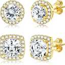 Hayoso 18K Gold Plated Halo Stud Earrings 925 Sterling Silver Cubic Zirconia Stud Earrings Round Square Diamonique Stud Earrings Set for Women Men