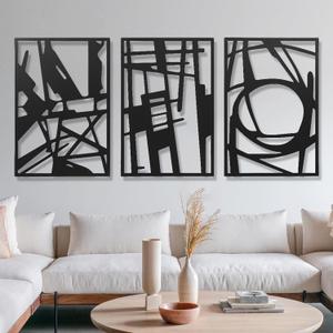 AMAATE 3 Piece Modern Abstract Black Metal Wall Art, Minimalist Geometric Line Art Wall Sculptures, Hollow Out Metal Hanging Decor for Living Room Bedroom Office Home Decor, 11" X 14.6" in
