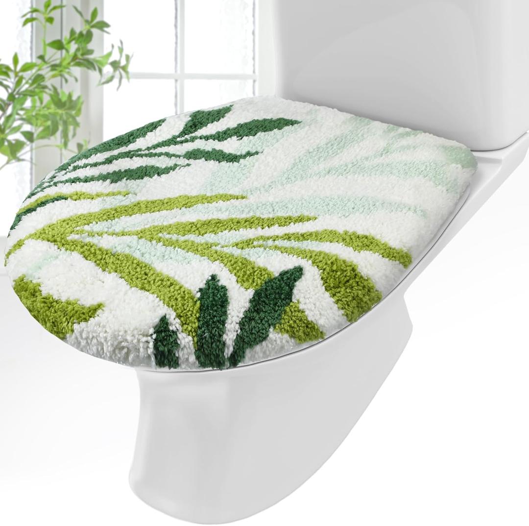 Mindsoft Green Leaves Toilet Seat Covers Bathroom Toilet Lid Cover Soft Microfiber 17.5'' x 15'' Plush Tufted, Machine Washable, Adjustable Rubber Backing Fits Most Round Elongated Oblong Lids