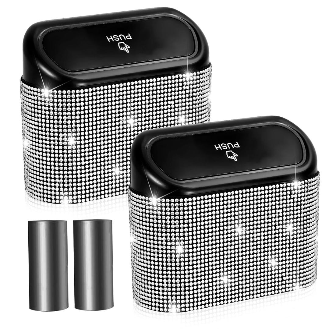 NBTEPEM Bling Car Trash Can with Lid - 2 Pack, Mini Auto Garbage Can with 60 Trash Bags, Automotive Garbage Container Bin, Bling Car Accessories Trash Can for Women (Silver Diamond)