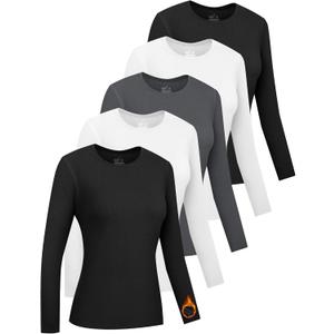 HOPLYNN 5 Pack Womens Long Sleeve Thermal Shirts Crew Neck Double Sided Fleece Lined Baselayer Tops for Cold Weather (Medium, 2 Black 2 White 1 Heather Grey)