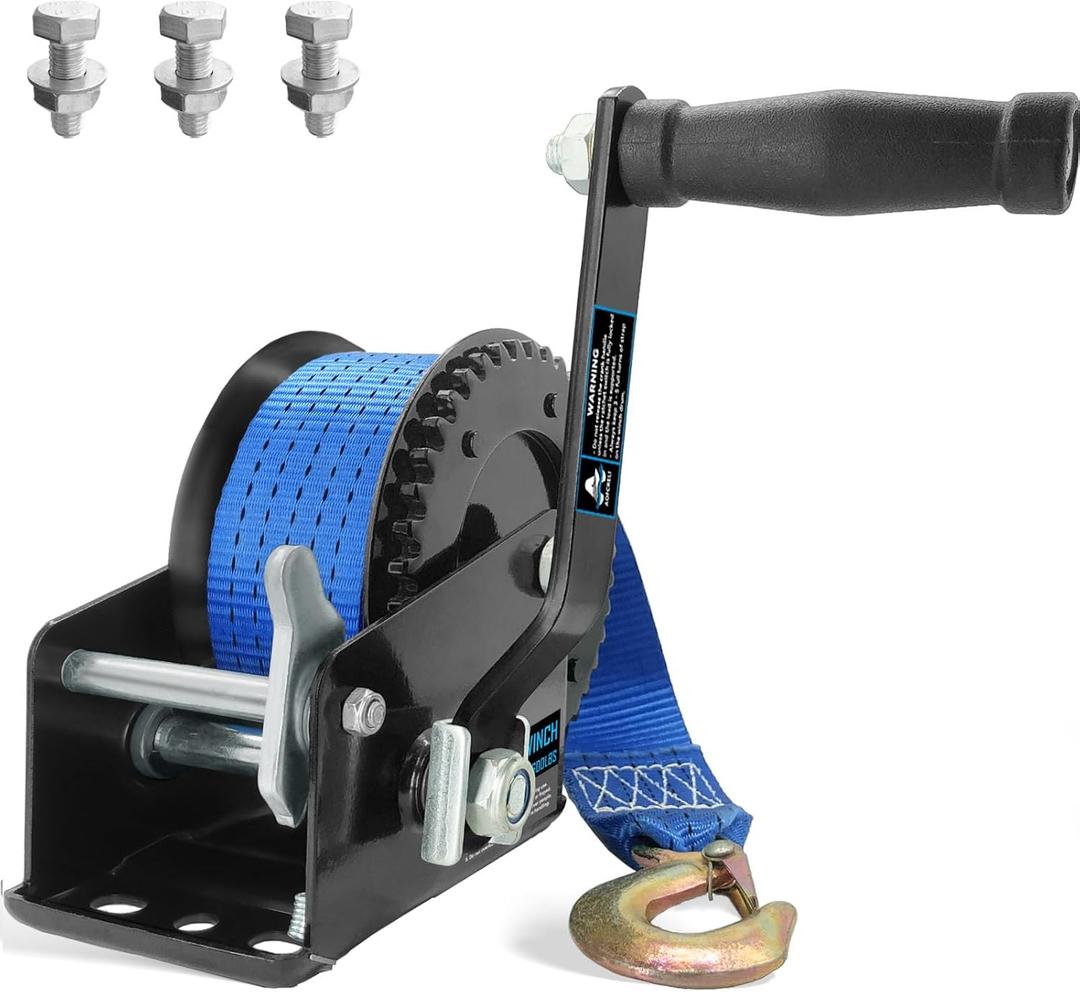 Boat Trailer Winch 1600LBS with 26ft Strap, 4:1 Gear Ratio Hand Crank Winch, 2-Way Ratchet Heavy Duty Steel Winch for Boat, Jet Ski, ATV, Trailer