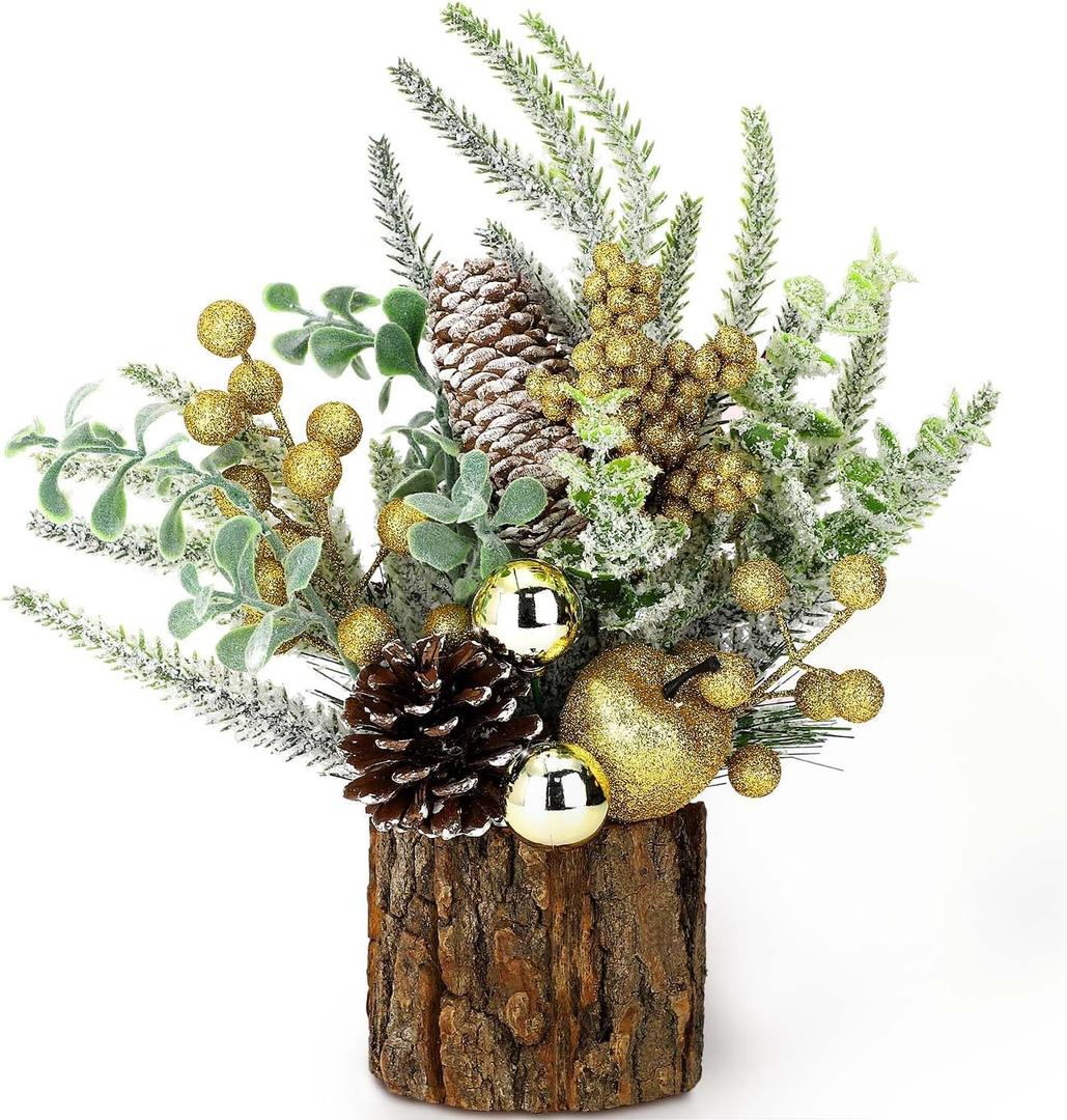 Small Christmas Tree Tabletop Artificial Mini Christmas Tree Decorations with Holiday Ornaments Red Berry Pine Cone Greenery for Home Indoor Fireplace Mantel Xmas Decor (Tree Stump-Golden)