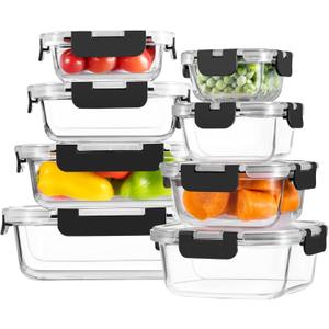 8 Pack Borosilicate Glass Food Storage Containers with Lids, Glass Meal Prep Containers, Airtight Bento Lunch Boxes with Leak Proof Locking, Oven, Freezer and Dishwasher Safe, BPA Free, 5-35oz (Deep Black)