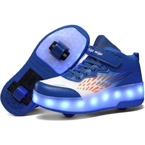 Wooowyet LED Roller Skate Shoes for Kids Boys Girls Light Up Fashion Sneakers Wheels Wheeled USB Rechargeable Hook&Loop (2.5 Little Kid, Full Blue)