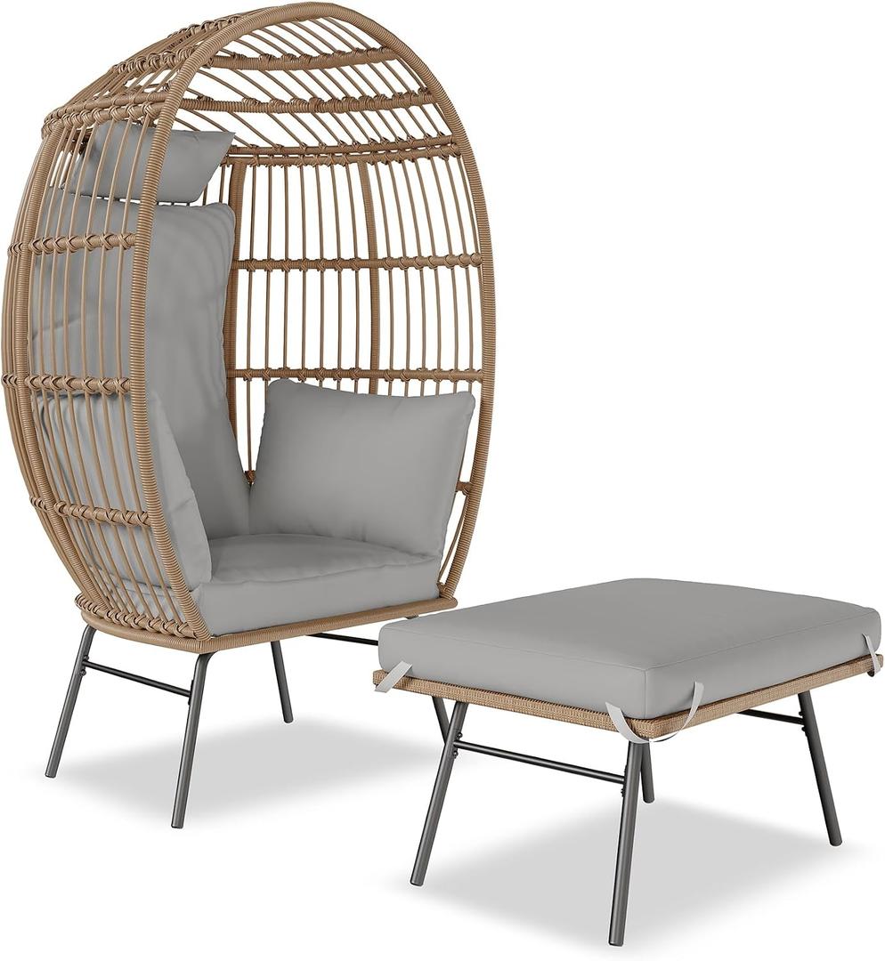 Hipicute Wicker Egg Chair Outdoor with Ottoman, Oversized Rattan Patio Lounge Chairs with Thick Cushion for Backyard Living Room, 440LBs Egg-Shape Lounge Chair w/Steel Frame for Indoor/Outdoor, Grey