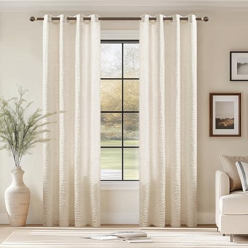 BULBUL Linen Curtains 84 inches Long for Living Room,2 Panels Linen Privancy Semi Sheer Light Filtering Tulle Curtains,Neutral Farmhouse Country Boho Bedroom Curtain Drapes