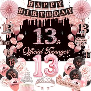 13th Birthday Decorations for Girls, Official Teenager Party Supplies, Black Rose Gold Banner Backdrop Numbers Foil Balloon Crown Sash Hanging Swirls Paper Fans for 13 Birthday Girl Decorations