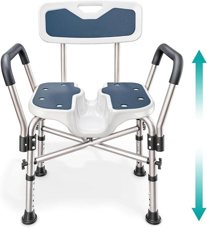 Shower Chair UShape Seat (450lb) Heavy Duty  Padded Armrests and Back, Shower Chairs for Elderly and Disabled, Handicap, Shower Chair for Inside Shower, Adjustable Height  Blue