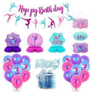 Gymnastics Party Decorations - Birthday Supplies With Banner, Honeycomb Centerpieces, Latex Balloons for Girls Dance Theme Party (A) (Pink, Purple)