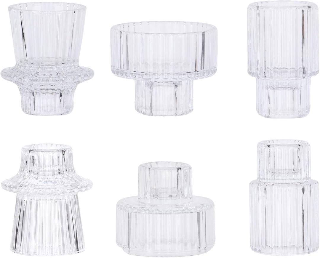 AuroTrends Fluted Glass Taper Candle Holders for Candlesticks 3Pack, Table Centerpieces -Wedding and Dinner Party Decor (Transparent, Set of 6)