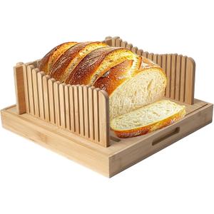 Foldable Bamboo Bread Slicer Tray with Crumb Collector & Adjustable Guide - for Perfectly Even Slices of Homemade, Sourdough & Sandwich Bread (Knife Not Included)