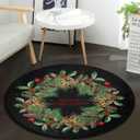 keepcute Round Area Rug Christmas Decorative Doormat, Pine Wreath Merry Christmas Indoor Decorative Rug Merry Christmas Rug