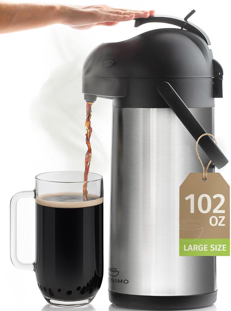 Cresimo Coffee Carafe with Pump - 102oz / 3L Airpot 12 Hours Large Hot Water Carafe, Cocoa Dispenser for Parties - Tea Flask, Insulated Stainless Steel Airpots for Hot Beverage Dispenser -Coffee Pump (Silver)