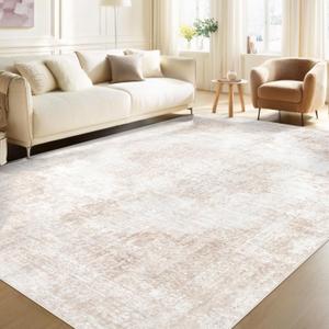 Area Rug 6x9 Vintage Rugs: Washable Living Room Rug Retro Medallion Distressed Large Rug Soft Low Pile Non-Slip Rugs Indoor Floor Carpet for Bedroom Kitchen Nursery Dining Table Office (Beige/Brown)