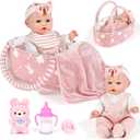 Dreamon 12'' Baby Doll Playset with Carrier Bassinet Bed, 11PCS Baby Doll Accessories Includes Pacifier, Blanket, Pillow, Diaper, Pretend Play Set Baby Doll Care Toys Gifts for Kids Girls