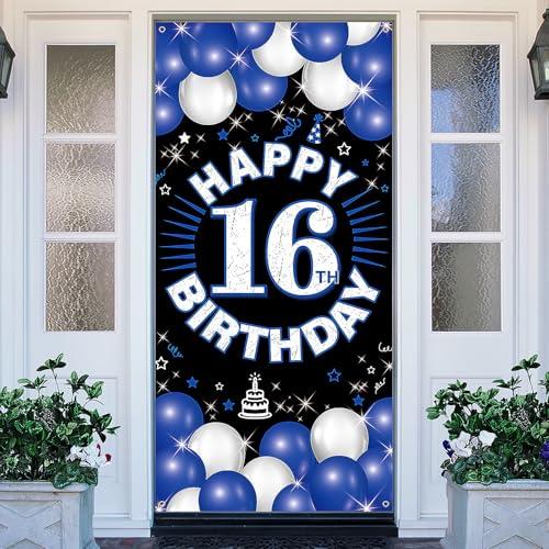 PHXEY Happy 16th Birthday Decorations for Boys & Girls, Blue Fabric Banner Backdrop for 16 Year Old Birthday Party, Perfect Photo Backdrop, Yard Sign, Cake Table Decor, Door or Entrance Sign