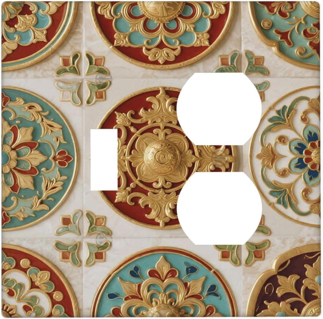 Boho Luxury Gold Embossed Moroccan Tile Print Wallplates 1 Toggle 1 Duplex Switch Plate Electrical GFCI Faceplate Decorative Light Switch Covers for Bathroom Kitchen Decor, 1 Toggle 1 Duplex / 4.6 X 4.5 IN